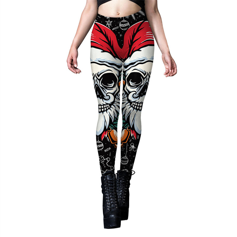FCCEXIO Merry Christmas Leggings Santa Claus Skull Print Tights Women Elastic Sexy Trousers Mid Waist Casual Holiday Gift