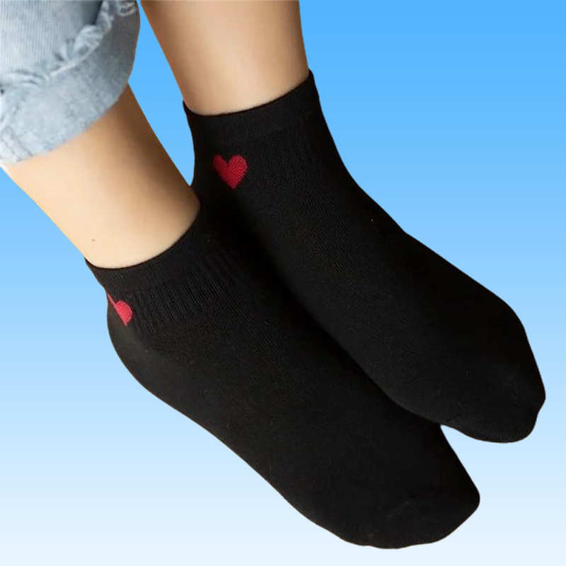 5 Pairs Black White Ankle Socks Women Spring Summer Low Tube Cotton Boat Socks Cute "Love Heart" College JK Girls Socks