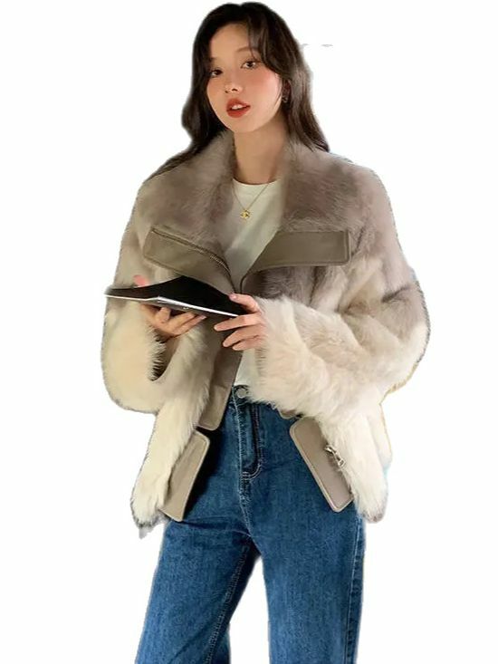 가벼운 럭셔리 한국 여성 인조 모피 코트, 두꺼운 따뜻한 외투, 루즈 캐주얼 패션 패치워크 외투, 올 매치 재킷