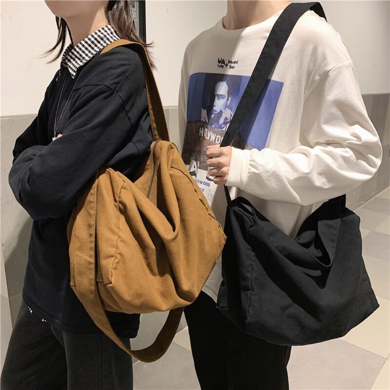 Tas selempang dicuci modis warna Solid kapasitas besar tas bahu tunggal tas tangan kanvas siswa