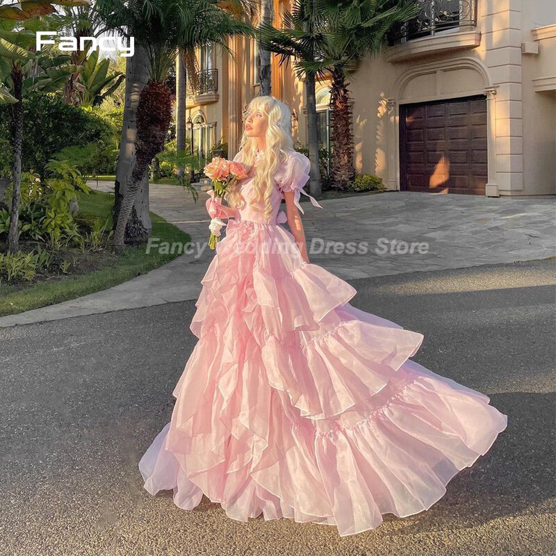 Fancy Pink Selkie Princess Prom Dresses Ruffles Sweetheart Long Birthday Party Dresses Short Sleeves Graduation Gowns for Girls