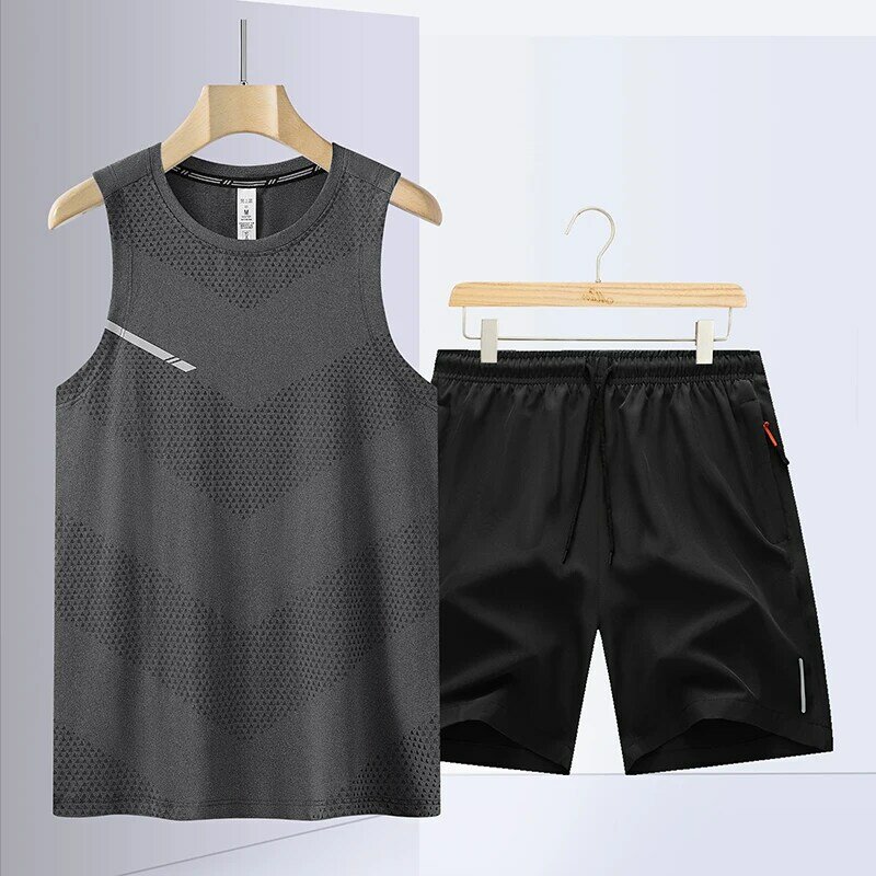 Summer Men's T-shirt New Quick Drying Breathable Sports Fitness Ice Silk Vest+shorts Two-piece Set for Men's Jogging Sportswear