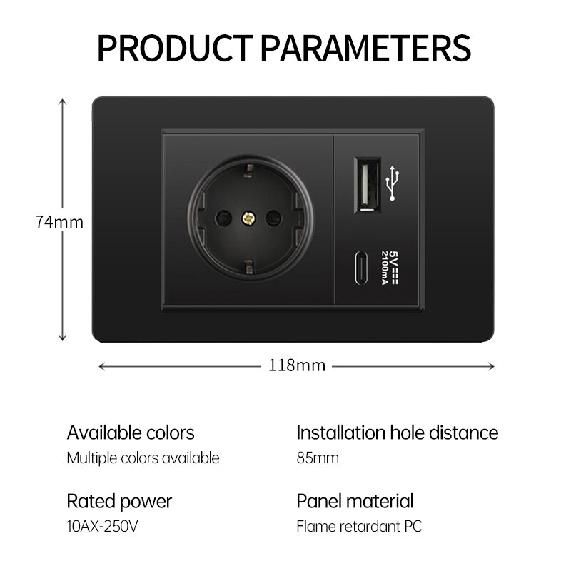 Interruptor de toma de corriente de pared, carga rápida con USB tipo c, 5V, 2100mA, TV, teléfono, panel de PC negro, UE, Italia, Chile