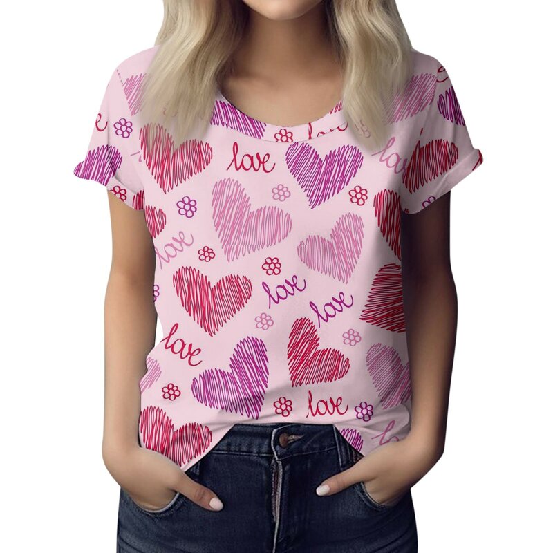 Women's Fashion Casual Valentine's Day Printed Round Neck Short Sleeve Top Blouse Elegant And Youth Woman Blouses Classic