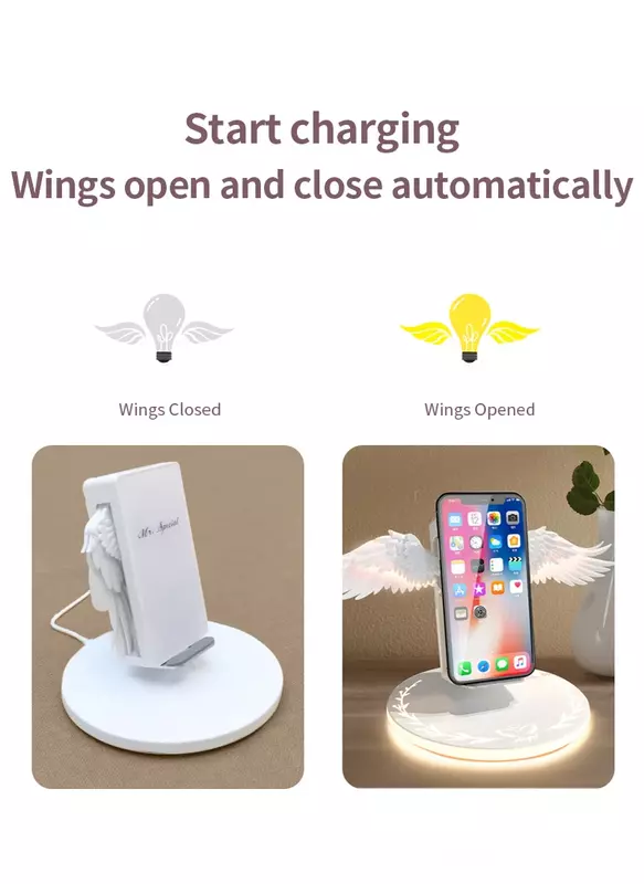 Angel Wings QI Phone Fast Charge 10W caricabatterie Wireless creativo a forma di ala mobile con luce respiratoria e funzione musicale regalo