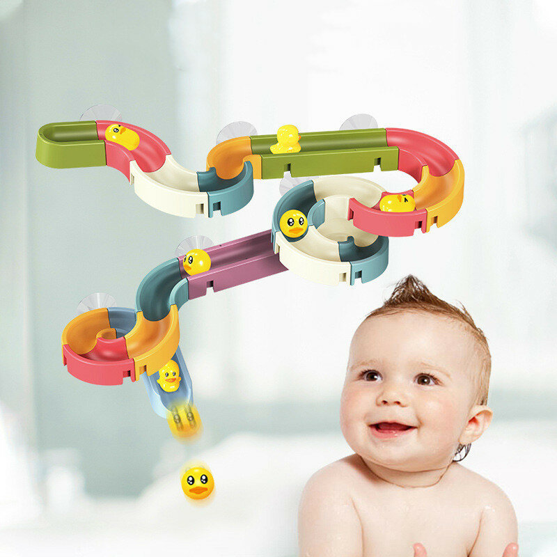 Kids Bath Toys DIY Slide Indoor Waterfall Assembling Tracks Yellow Ducks Car Slot Bathroom Baby Shower Play Water Games Toy Set