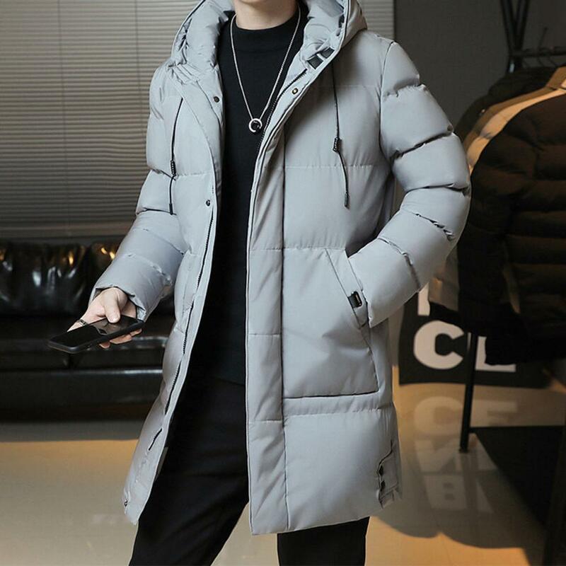 Мужское хлопковое утепленное пальто с капюшоном, повседневное уличное ветрозащитное пальто средней длины с длинными рукавами, карманами и кулиской для улицы