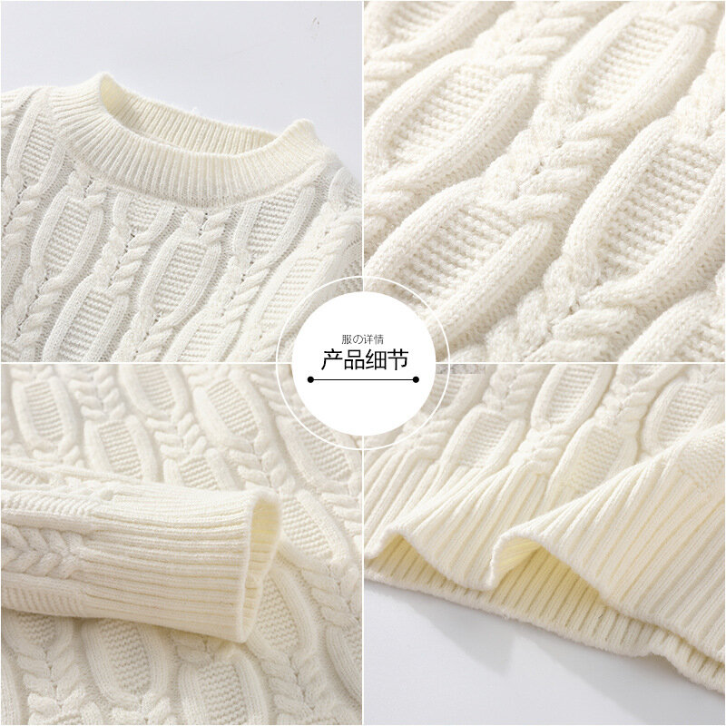2023 nowy jesienny sweter w jednolitym kolorze z dzianiny kablowej wygodny pulower sweter z okrągłym dekoltem