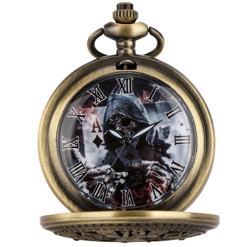 Tarjetas de póker Retro de bronce, diseño de Calavera, pantalla de fantasma, reloj de bolsillo de cuarzo Steampunk, Fob, reloj antiguo Vintage con cadena de 80cm/38cm
