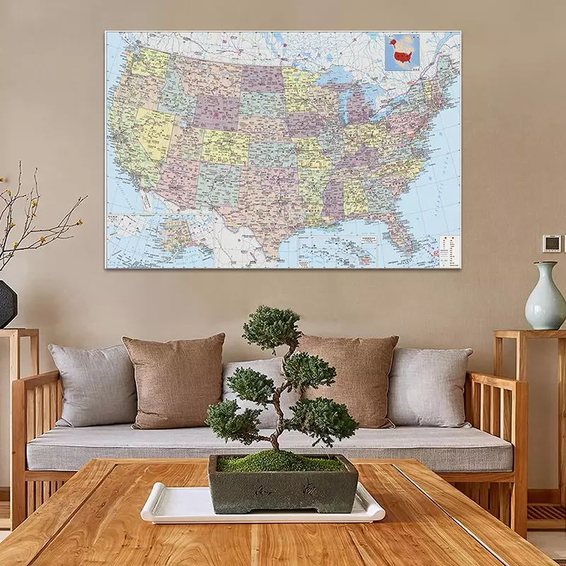 O mapa da américa com detalhes língua chinesa 150*100cm parede arte cartaz sala de estar decoração para casa crianças material escolar