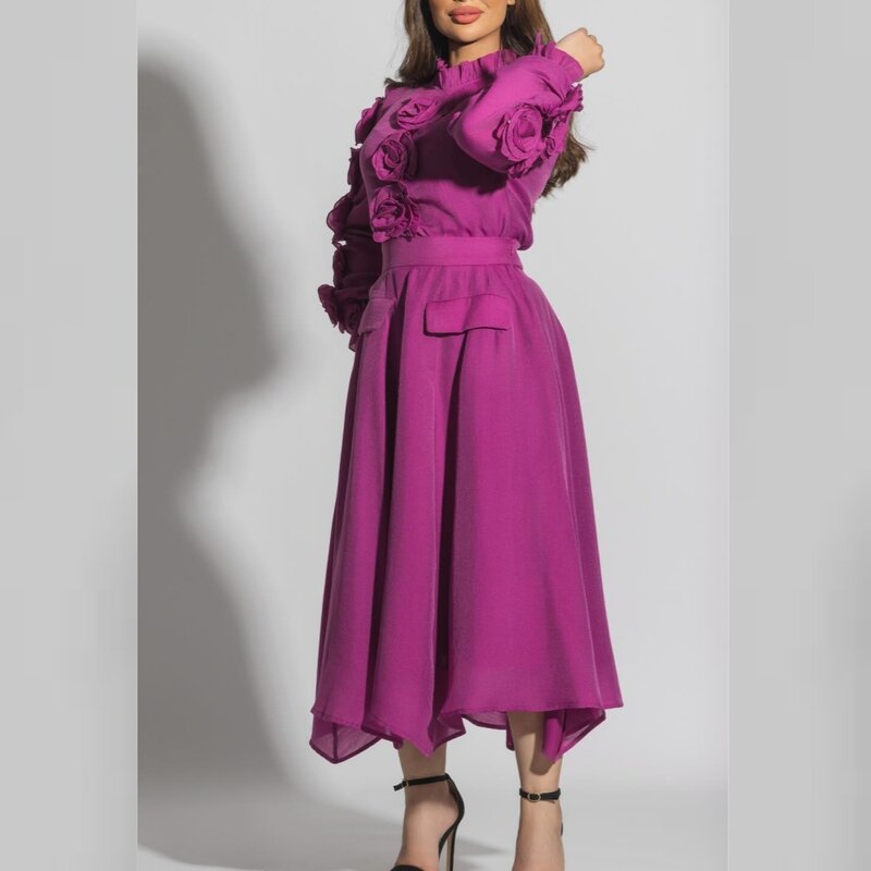 Jersey Flower Ruched Beach A-line High Collar Bespoke Occasion Gown Midi Dresses