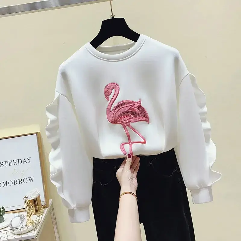 Fashion Korean Style Animal Embroidery Sweatshirt Women Long Sleeve Casual Pullover Autumn Winter New Ruffles Splicing Pink Tops