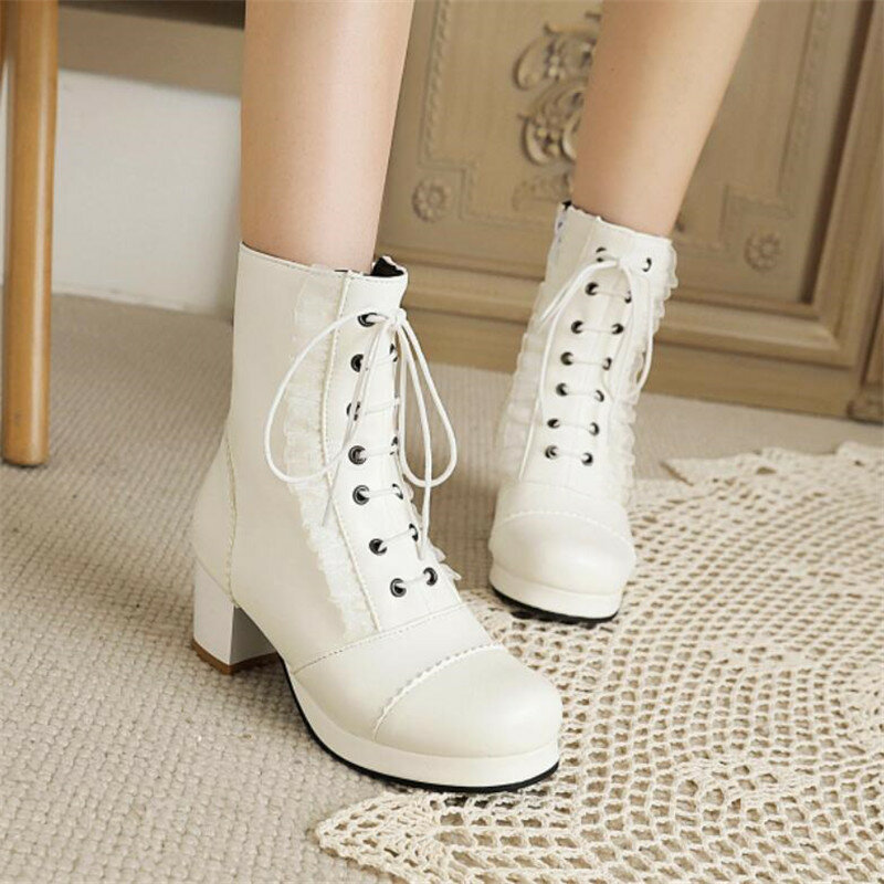 Size30-43 Girls Boots Women Chunky Platform Ankle Boots Lolita High Heel Lace Up Boots Sweet Side Zipper Princess Cosplay Shoes