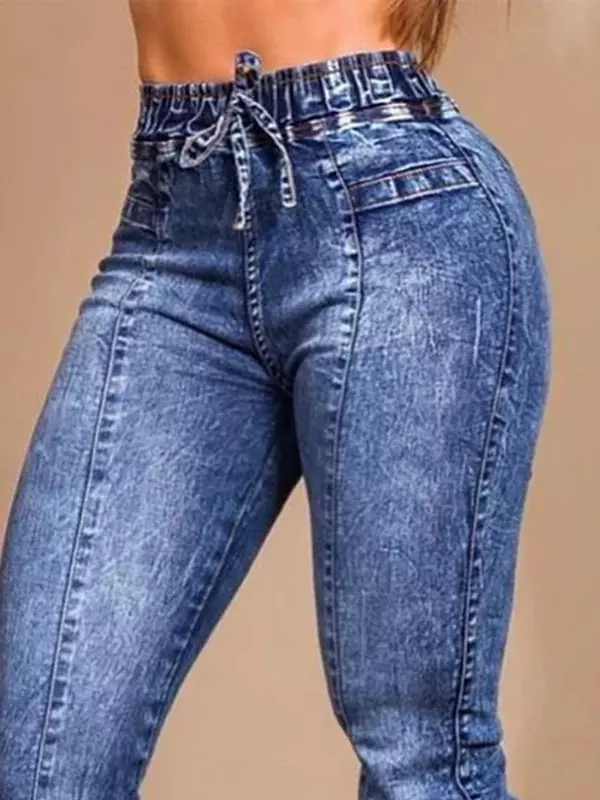 Jeans com elástico monocromático na cintura feminina, calça lápis com bolsos, slim fit, streetwear casual, rua alta, zíper liso, outono, 2022
