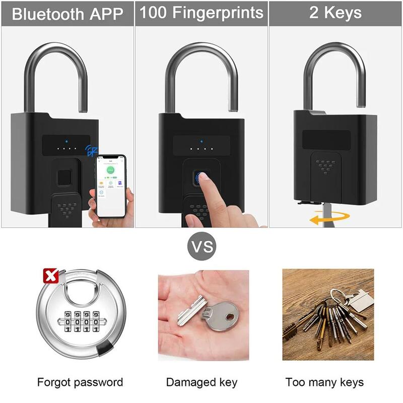 Heavy-duty Smart Fingerprint Padlock Waterproof Security Quick Identification Unlock Type-C Rechargeable Anti-Theft Lock