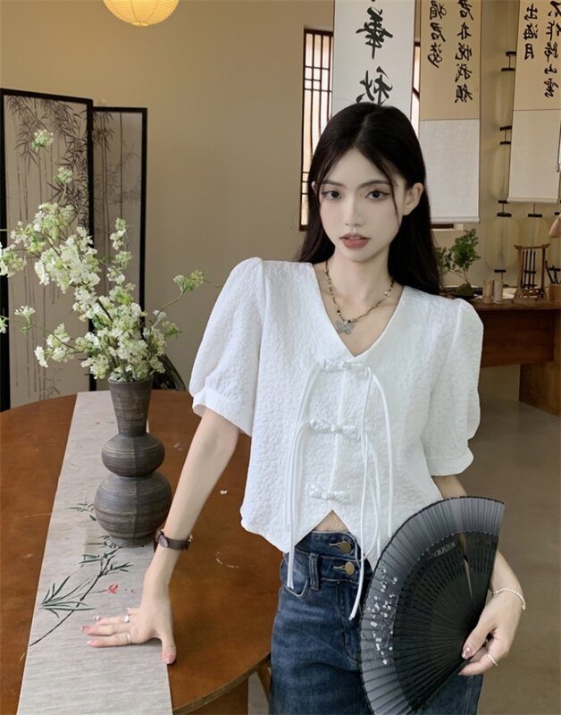 Miiiix New Chinese Style Button Up Short Sleeved Full Shoulder Shirt Women's Summer Slightly Chubby French Slimming Tee Top