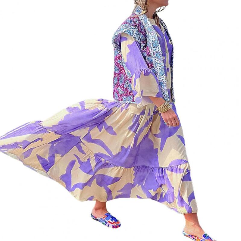 Vestido maxi estilo boêmio feminino com estampa combinando cores, patchwork plissado, decote a V, férias de verão