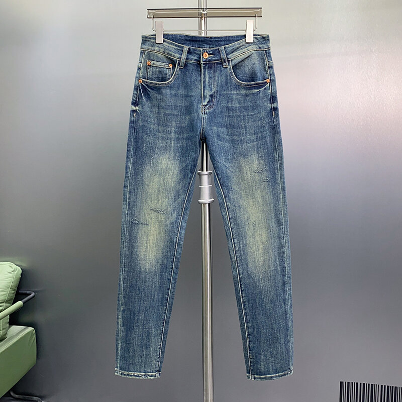 Новинка 2024, оригинальные роскошные мужские джинсы, свободные прямые модные повседневные универсальные потертые Синие Деловые облегающие джинсовые брюки