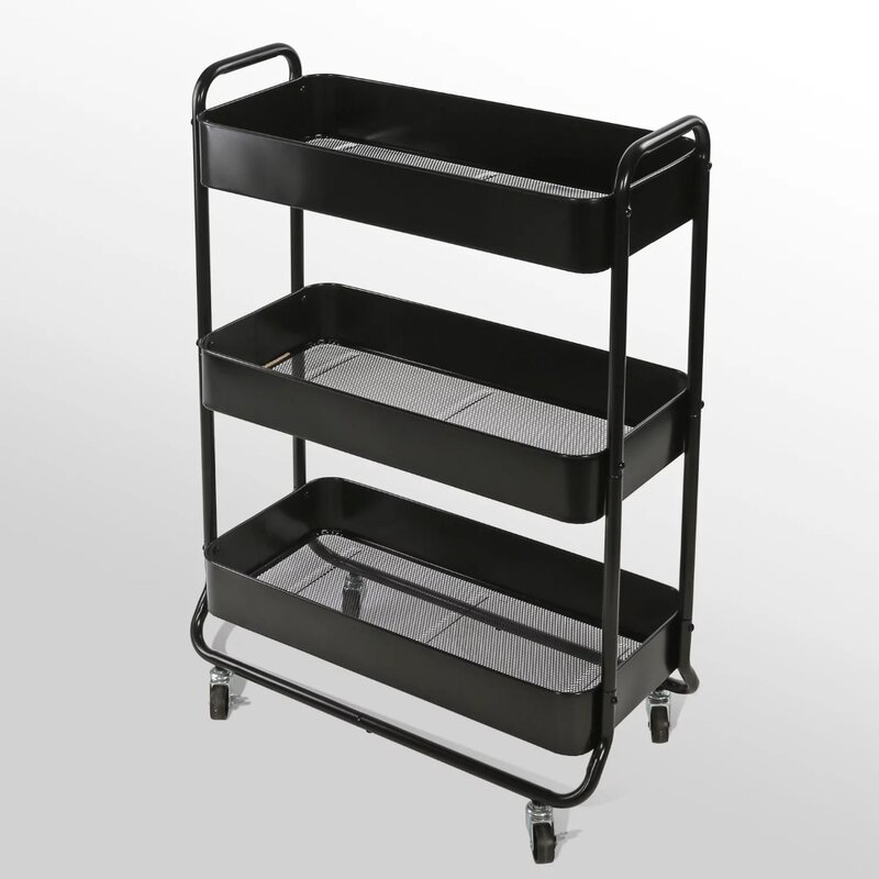 Mainvacation Wide Metal Utility Cart, cestas de lavanderia multifuncionais, preto, adulto e criança, 3 camadas