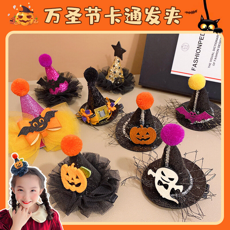 Aksesori rambut lucu Halloween anak-anak topi penyihir anak perempuan klip rambut dasi kupu-kupu labu hiasan kepala alat peraga pesta teror