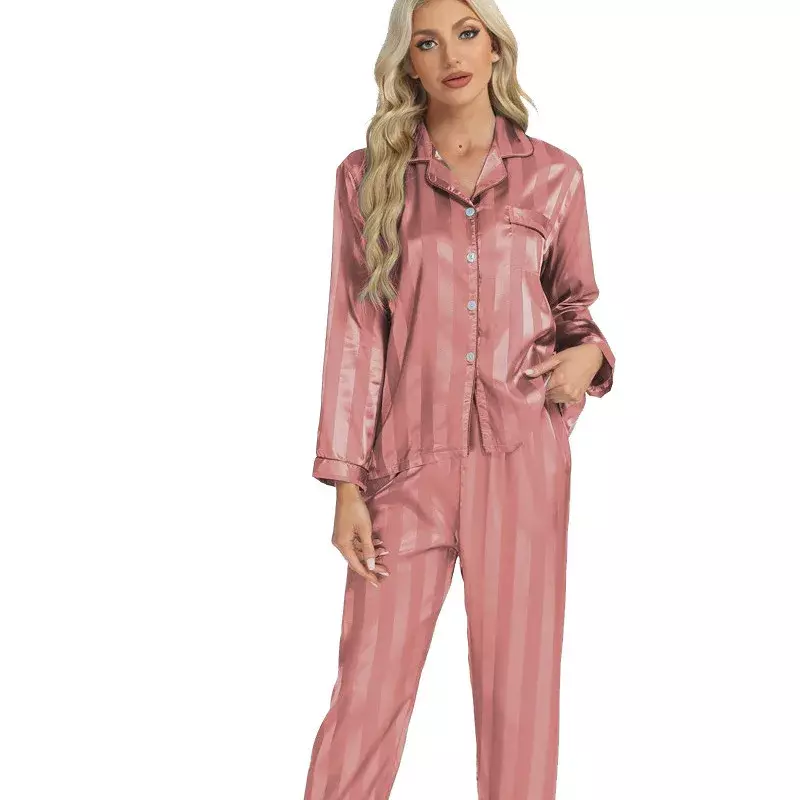 Conjunto de Pijama a rayas de seda sintética para Mujer, ropa de dormir de satén con botones de manga larga para primavera y verano, 2 piezas