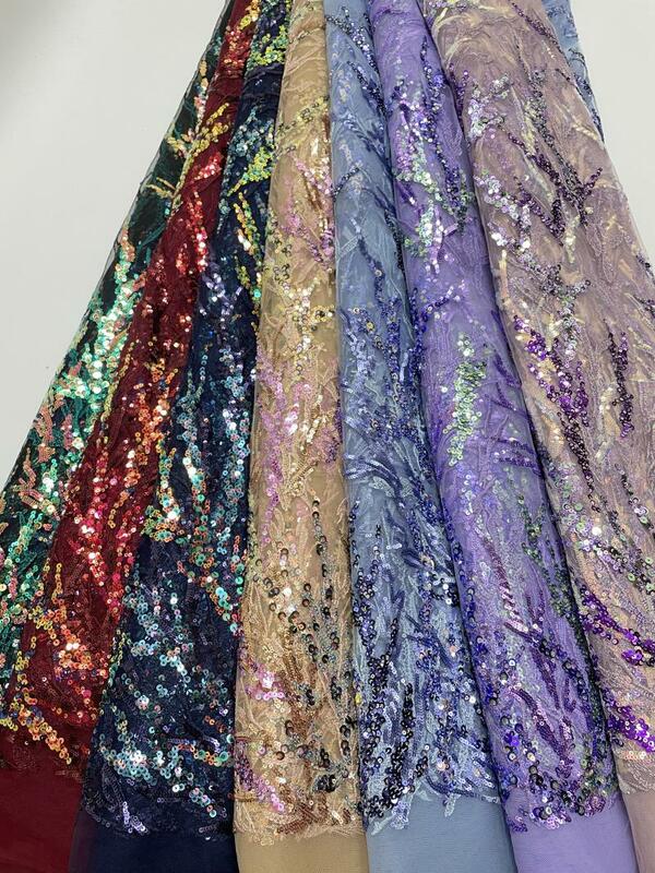 Novo multi-color lantejoulas bordado tecido de renda solúvel em água vestido vestido tecido laço 5 jardas