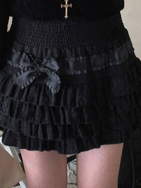 Damska Lolita krótka spódniczka urocza kokardka z wysokim stanem, warstwowa spódnice trapezowe krótkie spódniczki