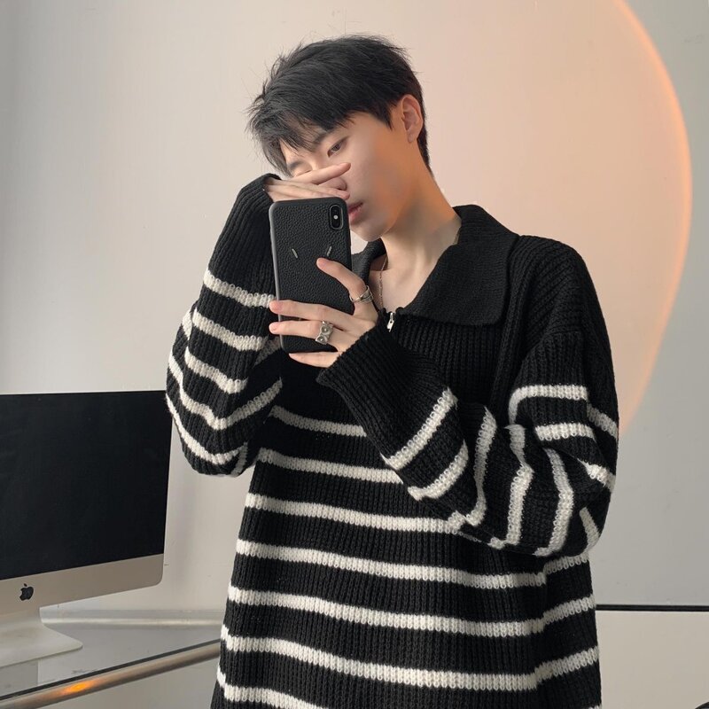 Men Pullovers Striped Classical Zipper Loose Autumn Long Sleeve College Casual Retro Korean Style Daily Fashion Turn-down Collar