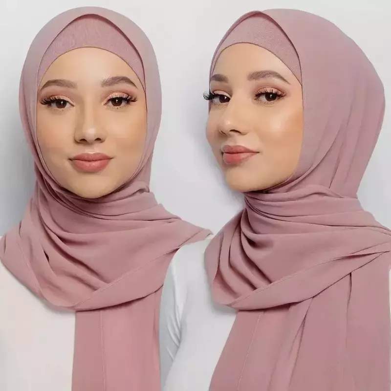 Hijab Chiffon liso com Undercap correspondente, Lenço islâmico, Turbante com Jersey, Cabeça Wraps, Lenço de cabeça, 2pcs por conjunto