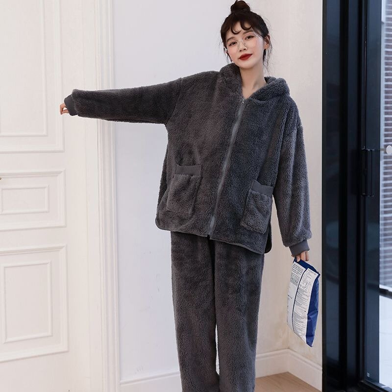 Pijama grosso de lã feminino, traje doméstico, loungewear quente, conjuntos para dormitório estudantil, inverno e outono, novo, 2020