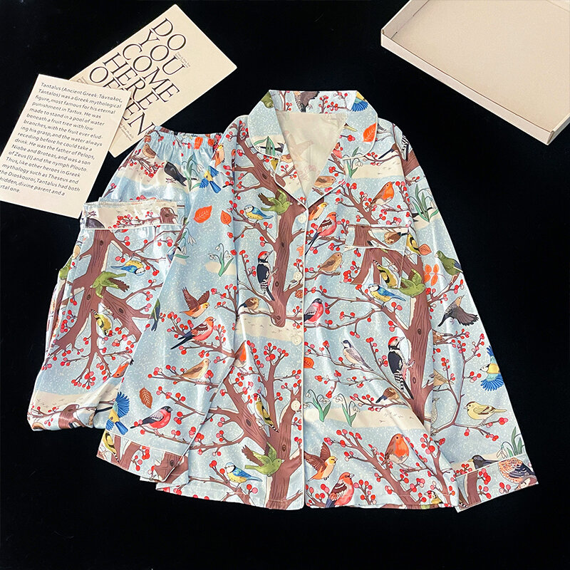 Pijamas de seda de hielo para mujer, conjunto de 2 piezas con estampado de lujo ligero, suave y residencial, otoño y primavera, novedad de 2023