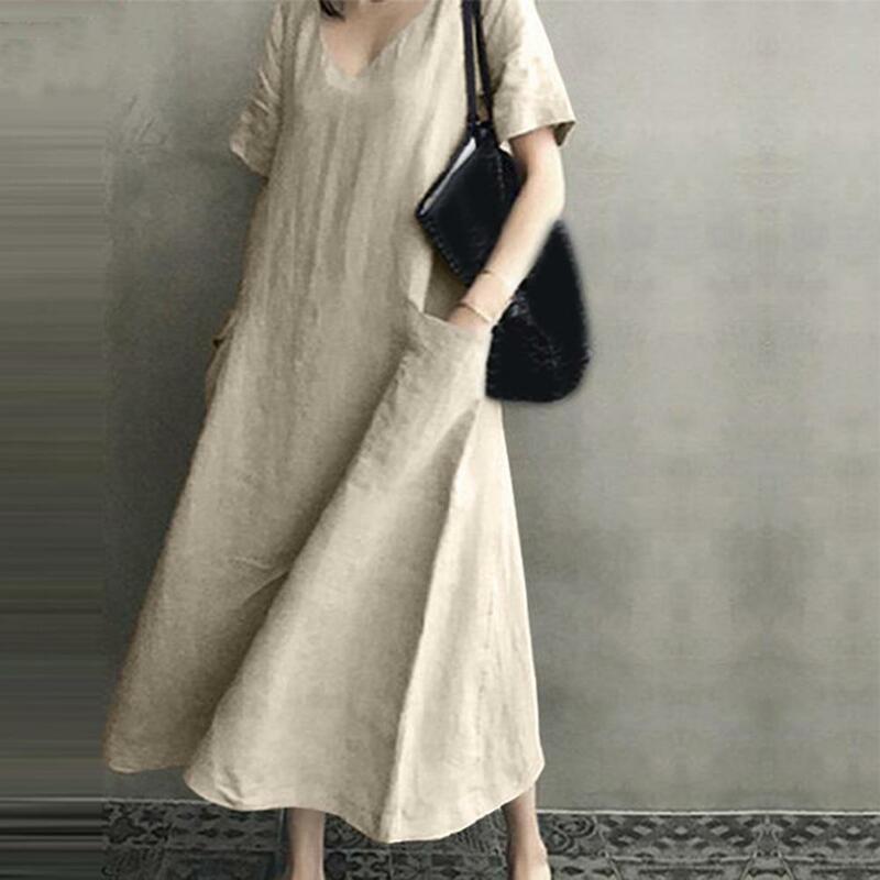 Luźna sukienka damska w stylu Vintage z dekoltem w szpic Maxi sukienka z kieszeniami dla kobiet do kostek luźny krój letnie ubranie z krótkimi rękawami