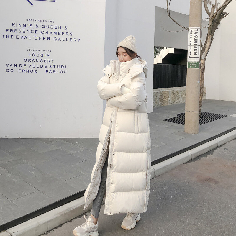 Mantel Bulu Angsa Putih 90 "Mantel Saku Panjang Tetap Hangat Tebal Wanita Jaket Bulu Santai Mode Warna Solid Berkerudung Baru