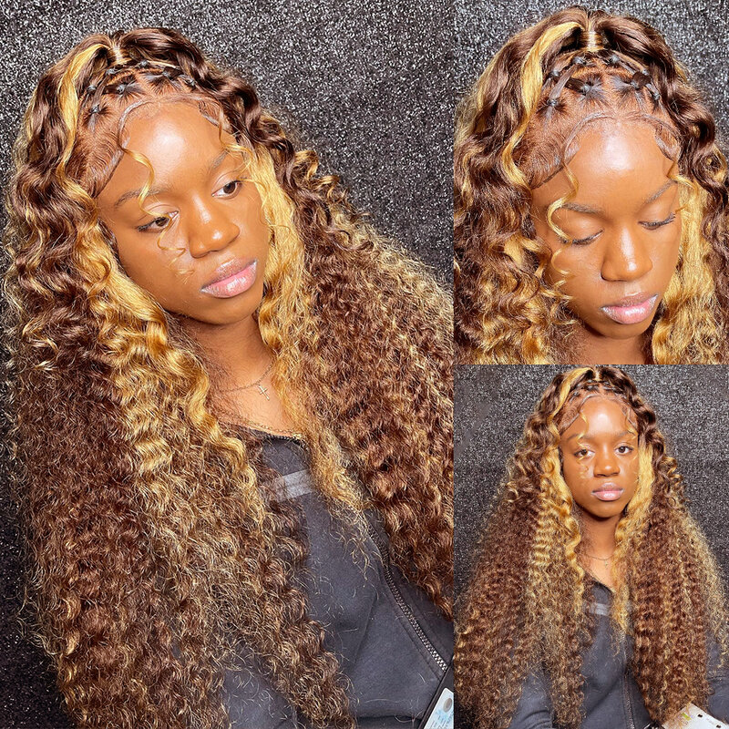 Perruque Lace Front Wig bouclée naturelle, cheveux humains, brun, à reflets, Deep Wave, 13x4, pre-plucked, pour femmes
