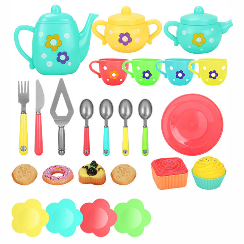 Juego de té de la tarde para niños y niñas, casa de juegos de simulación colorida, taza de té, tetera, cuchara, platillo, Kit de pastel, juguetes para niños