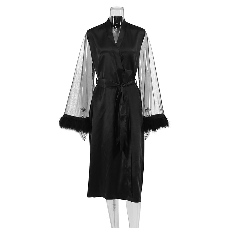 Hiloc See Through pigiama in raso con piume Robes Patchwork abito Sexy maniche lunghe svasate Sleepwear vestaglia da donna 2022