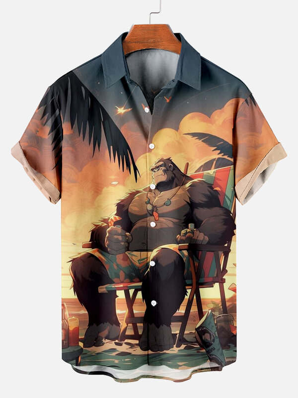 Vintage Gorilla Monster Heren Hawaiiaanse Shirts 3d Print Heren Zomer Losse Strand Oversized Hemden Met Korte Mouwen Voor Heren