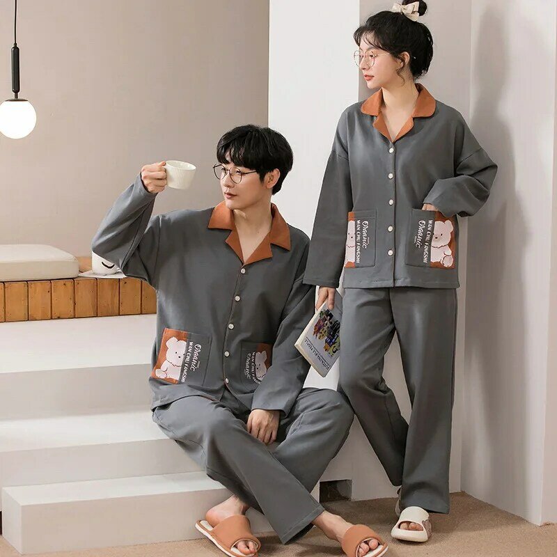 Весенняя пижама с длинным рукавом для влюбленных, хлопковые Пижамные комплекты для пар, Женская/Мужская одежда для сна, модная спортивная ночная рубашка, домашняя одежда