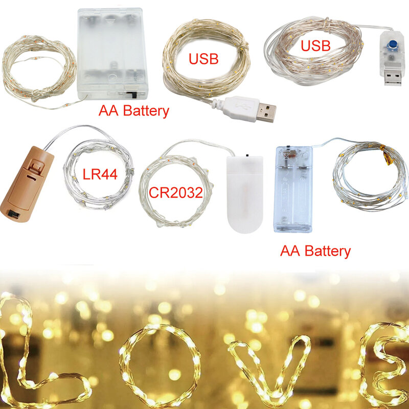ไฟราว LED ลวดทองแดง1ม. 3M 5ม. มาลัยวันหยุดไฟเส้น LED ใช้ไฟจาก USB/ แบตเตอรี่ตกแต่งคริสต์มาสแต่งงานแบบ DIY