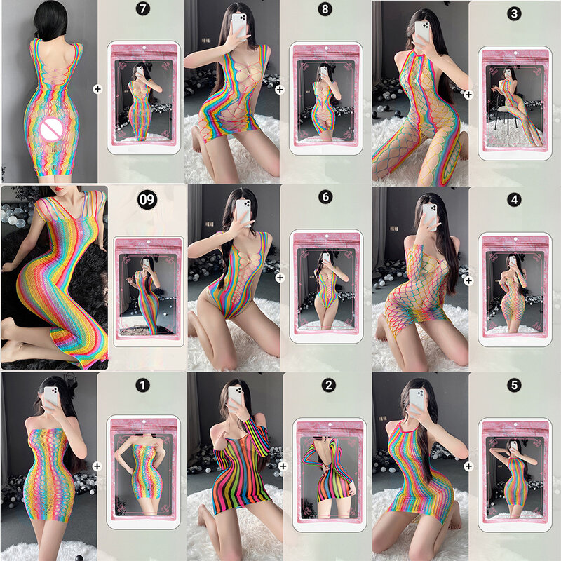 섹시한 여성용 바디 수트, 그물 구멍 시스루 스타킹, 무지개 빛깔 바디콘, 숨결 유혹 에로틱 란제리