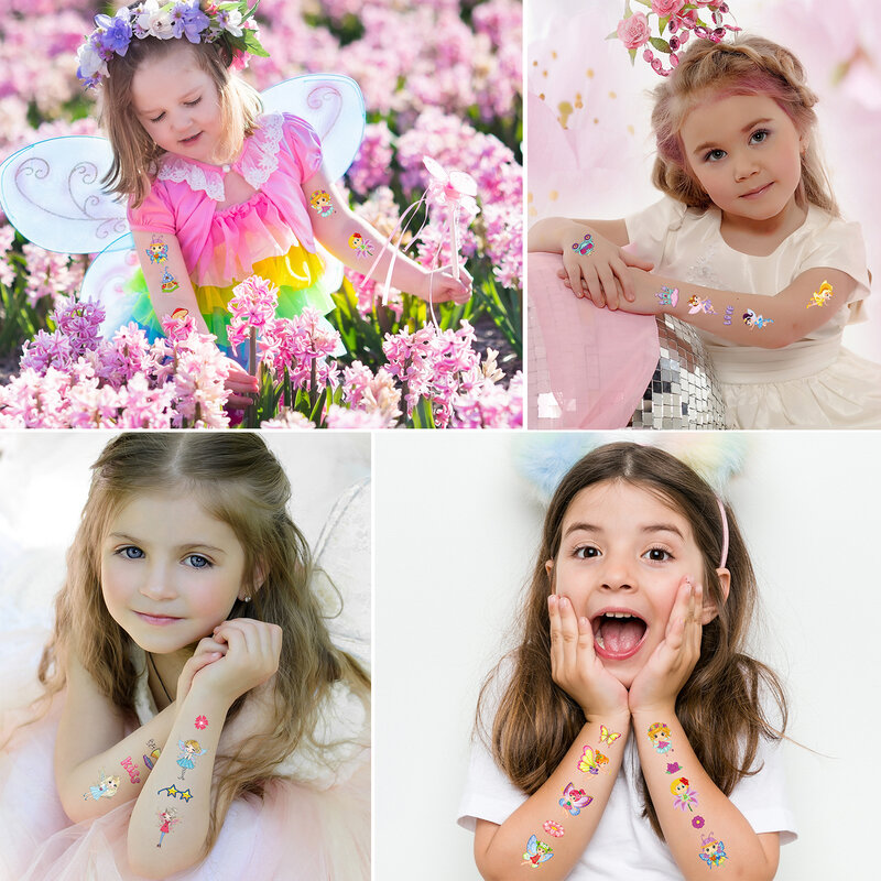 Conjunto de 10 tatuagens temporárias, flor, fada, desenhos animados, à prova d'água, para crianças, meninas, meninos, arte, tatuagem falsa