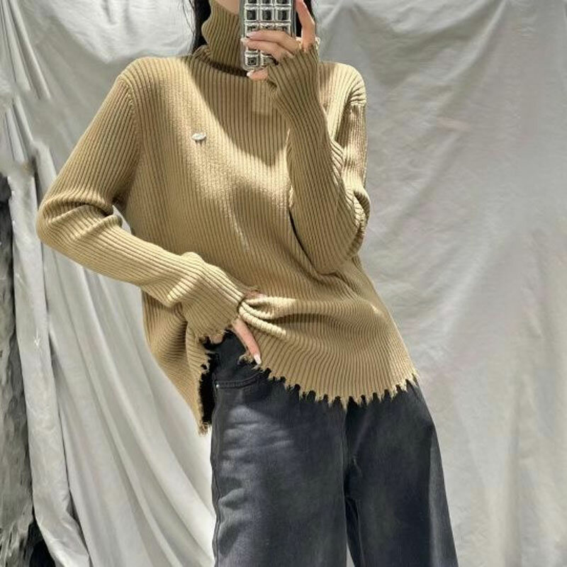 Vintage Turtleneck Loose Knitted Sweaters Women's Clothing Vintage Solid Color All-match Autumn Winter Stylish Frayed Jumpers