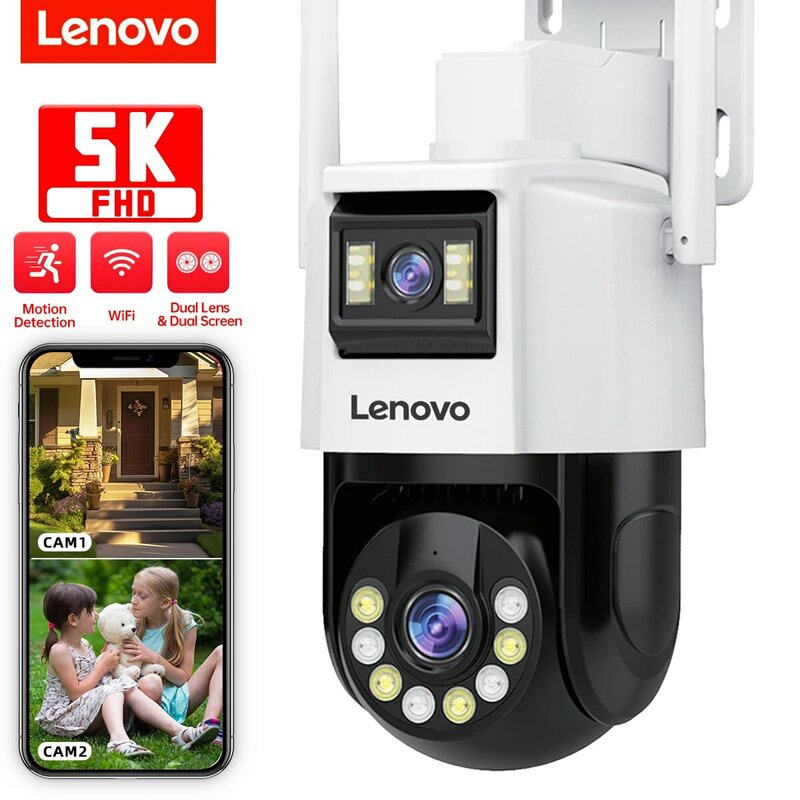 لينوفو-كاميرا IP خارجية مقاومة للماء مع عدسة مزدوجة ، 5K PTZ ، واي فاي ، بالألوان الكاملة ، رؤية ليلية ، مراقبة ، IP66 ، شاشة مزدوجة