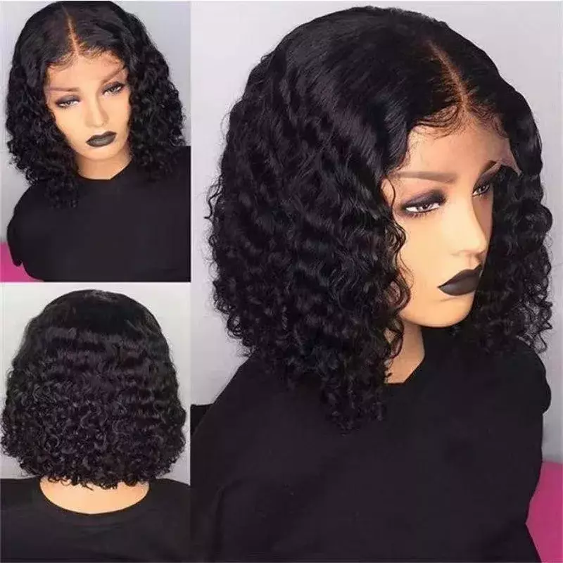 Nowa bezklejowa przezroczysta koronkowa peruka z ludzkich włosów z przodu brazylijska krótki Bob peruka z głęboką falą dla czarnych damskie ludzkie włosy