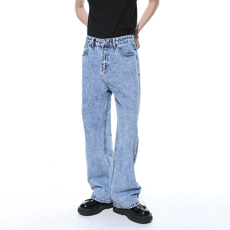 IEFB 2024 Nowe męskie jeansy casualowe Retro Washed Straight Leg Korean Style Zipper Opening Mid Length Fashion Męskie spodnie jeansowe C5699