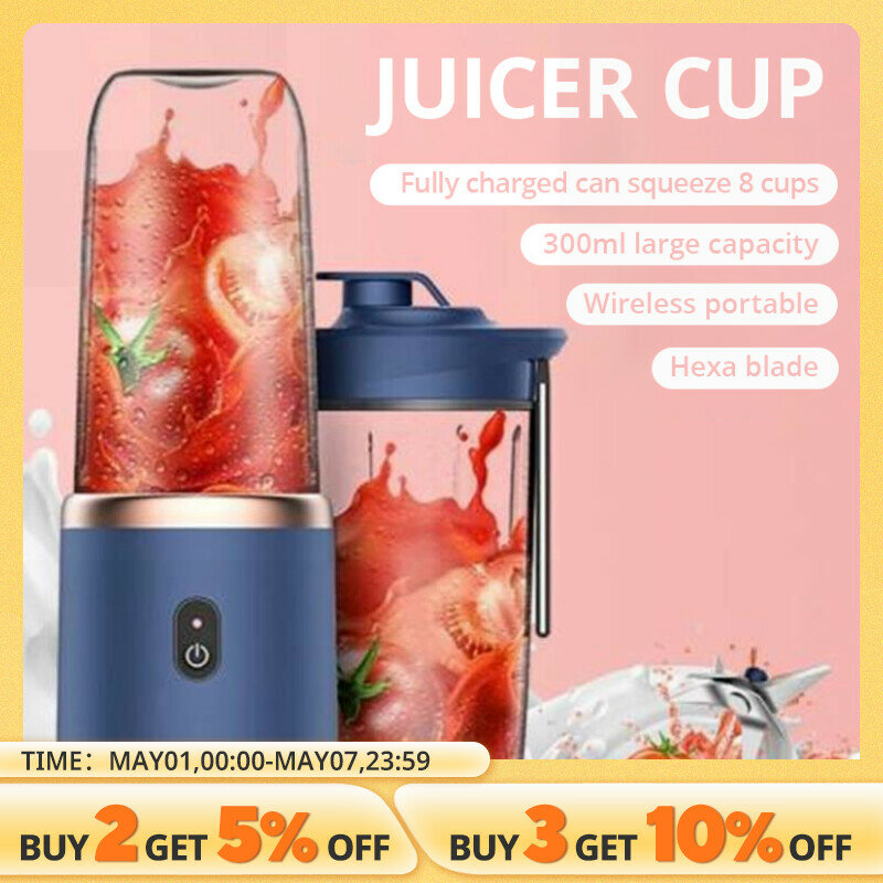 1pc Blue/Pink Portable Small Electric Juicer Stainless Steel Blade Cup Juicer Fruit Automatic Smoothie Blender Kitchen Tool