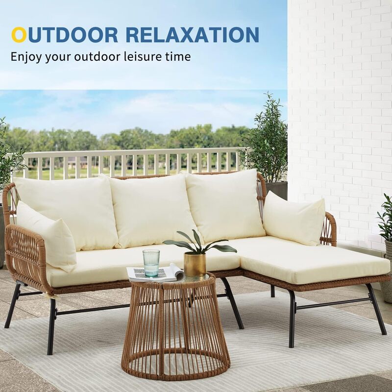L-Shaped Sectional Conversation Sofa Set with Thick Cushions and Toughened Glass Coffee Table for Backyard Balcony Garden Porch