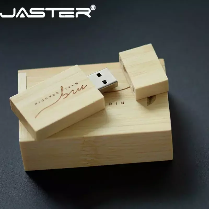 JASTER-pendrive de madera con logotipo personalizado, caja de memoria USB, 128GB, 64GB, regalo creativo de boda