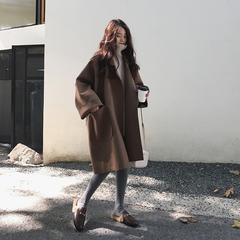 Elegante casaco de lã de comprimento médio feminino, jaqueta vintage, gola virada para baixo, cardigã solto, tamanho grande, 4XL, inverno