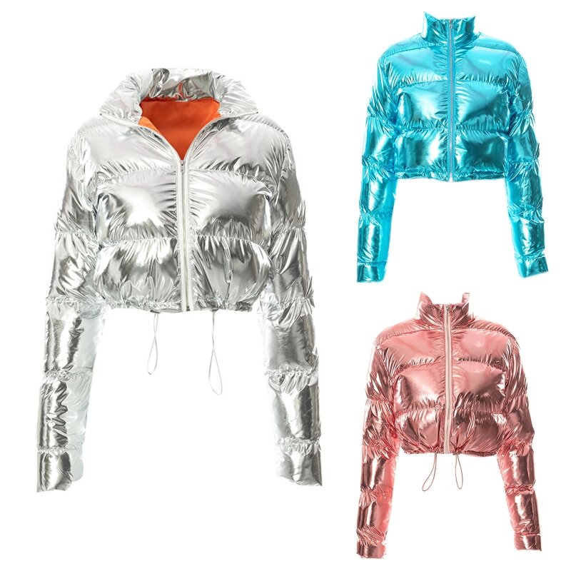 Women Shiny Mirror Faux Leather Puffer for Jacket Long Sleeve Up Stand Collar Cropped Padded Coat Drawstring Hem Dropship
